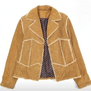 B. Lucid Vintage Y2K Stylish Tan Suede Leather Western Jacket With Faux Fur Trim
